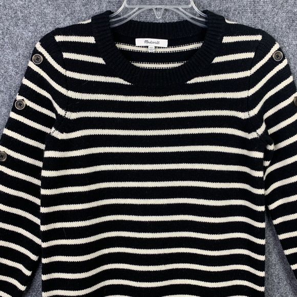 Madewell Striped Merino Wool Button Up Sleeves Sweater Dress Black Cream XXS - Picture 2 of 13